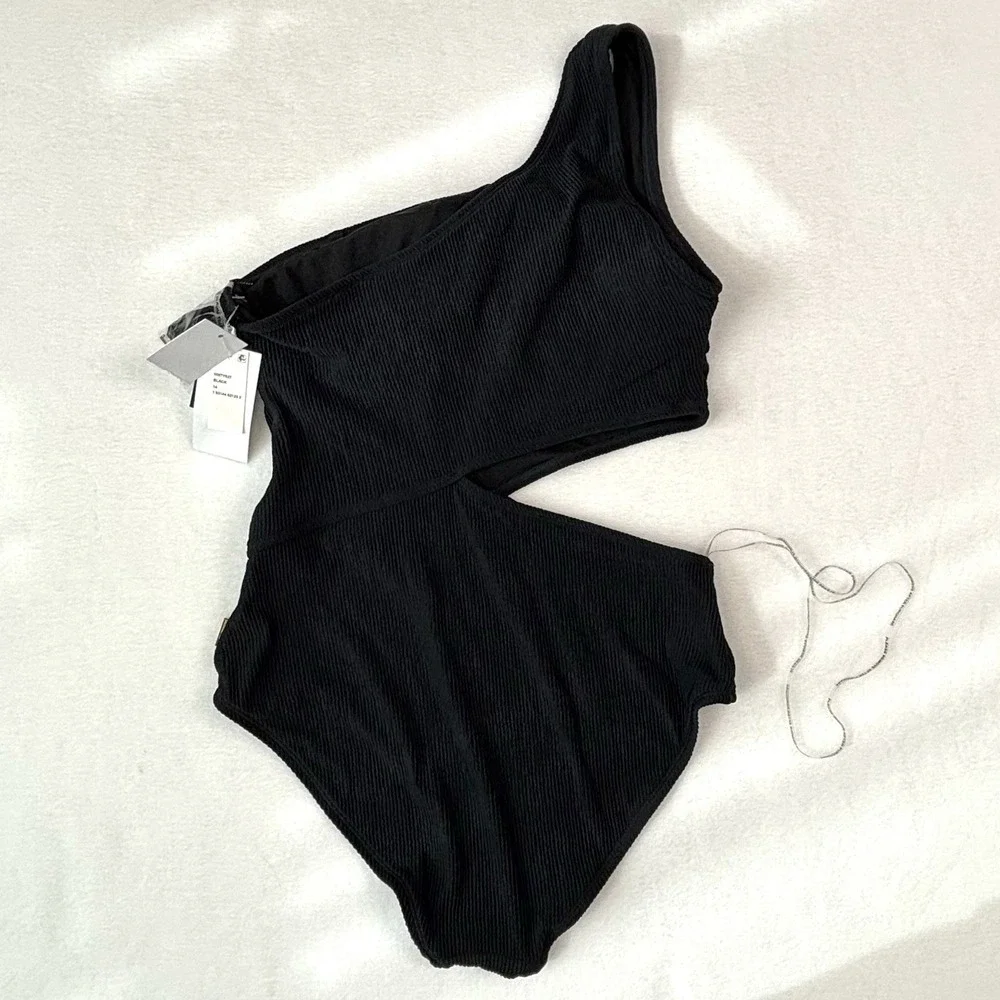 Michael Kors Black One-Shoulder Side-Cutout One-Piece Swimsuit Ribbed Texture 14
